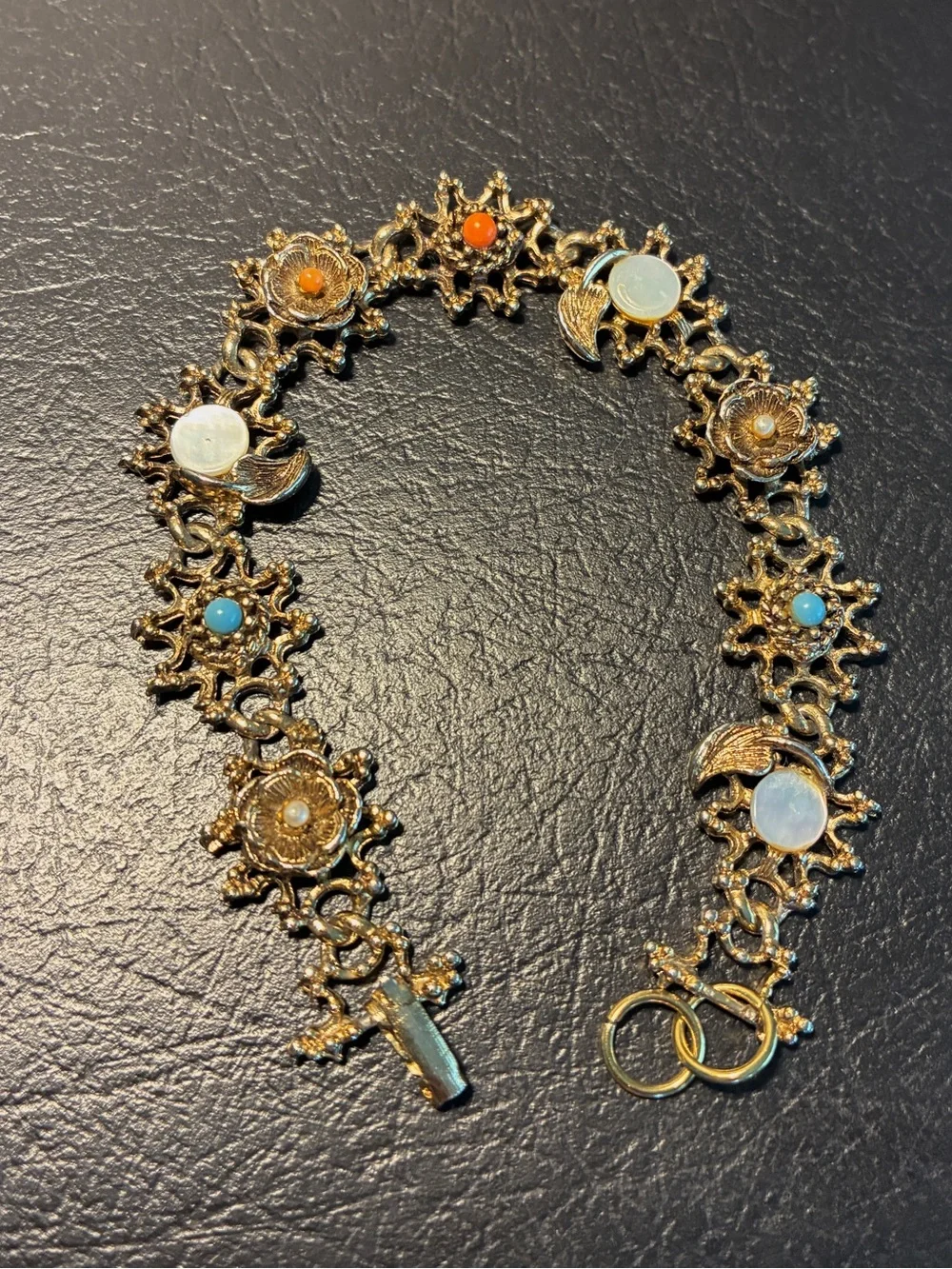 Vintage Gold Ornate Filigree Link Bracelet Mother of Pearl and Stones